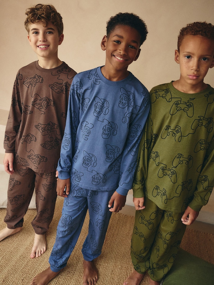 Blue/Green/Brown Linear Character Long Sleeve Pyjamas 3 Pack (3-16yrs) - Image 1 of 1 Blue/Green/Brown Linear Character Long Sleeve Pyjamas 3 Pack (3-16yrs) - Image 1 of 1