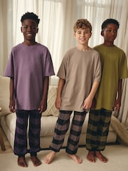Purple/Neutral/Citrine Yellow Short Sleeve Woven Bottom 100% Cotton Pyjamas 3 Pack (3-16yrs) - Image 1 of 9