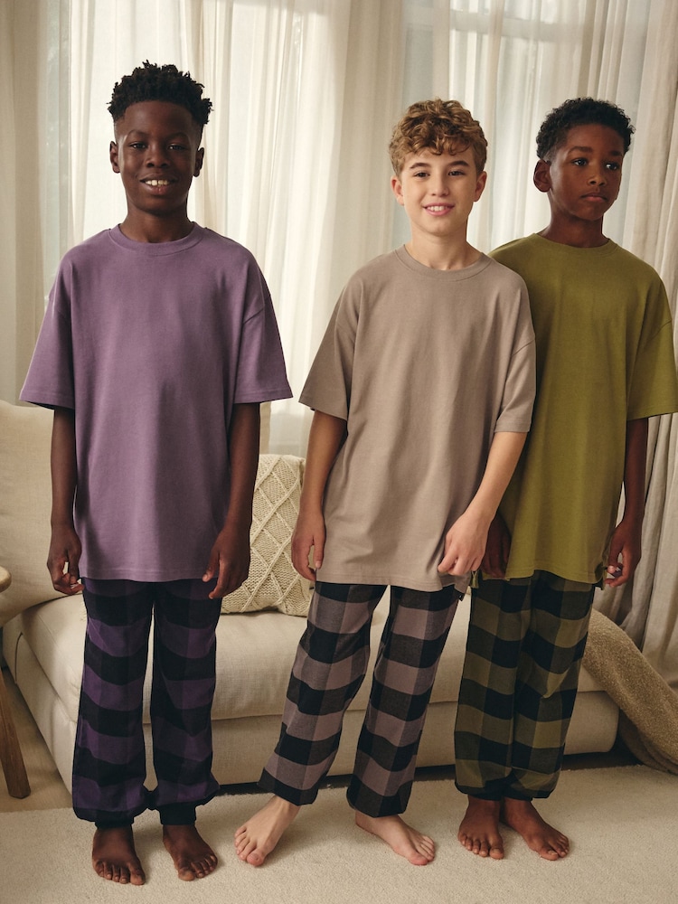 Purple/Neutral/Citrine Yellow Short Sleeve Woven Bottom 100% Cotton Pyjamas 3 Pack (3-16yrs) - Image 1 of 9