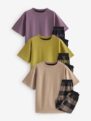 Purple/Neutral/Citrine Yellow Short Sleeve Woven Bottom 100% Cotton Pyjamas 3 Pack (3-16yrs) - Image 4 of 9