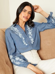 Love & Roses Blue TENCEL™ Embroidered Button Through V Neck Tie Cuff Shirt - Image 1 of 4