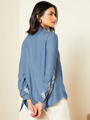 Love & Roses Blue TENCEL™ Embroidered Button Through V Neck Tie Cuff Shirt - Image 2 of 4