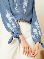 Love & Roses Blue TENCEL™ Embroidered Button Through V Neck Tie Cuff Shirt - Image 4 of 4