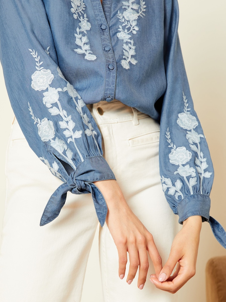 Love & Roses Blue TENCEL™ Embroidered Button Through V Neck Tie Cuff Shirt - Image 4 of 4