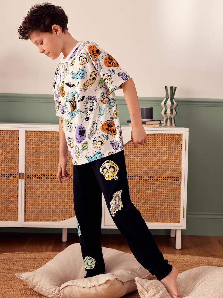 White/Black Halloween Single Short Sleeve 100% Cotton Pyjamas (3-16yrs) - Image 1 of 6