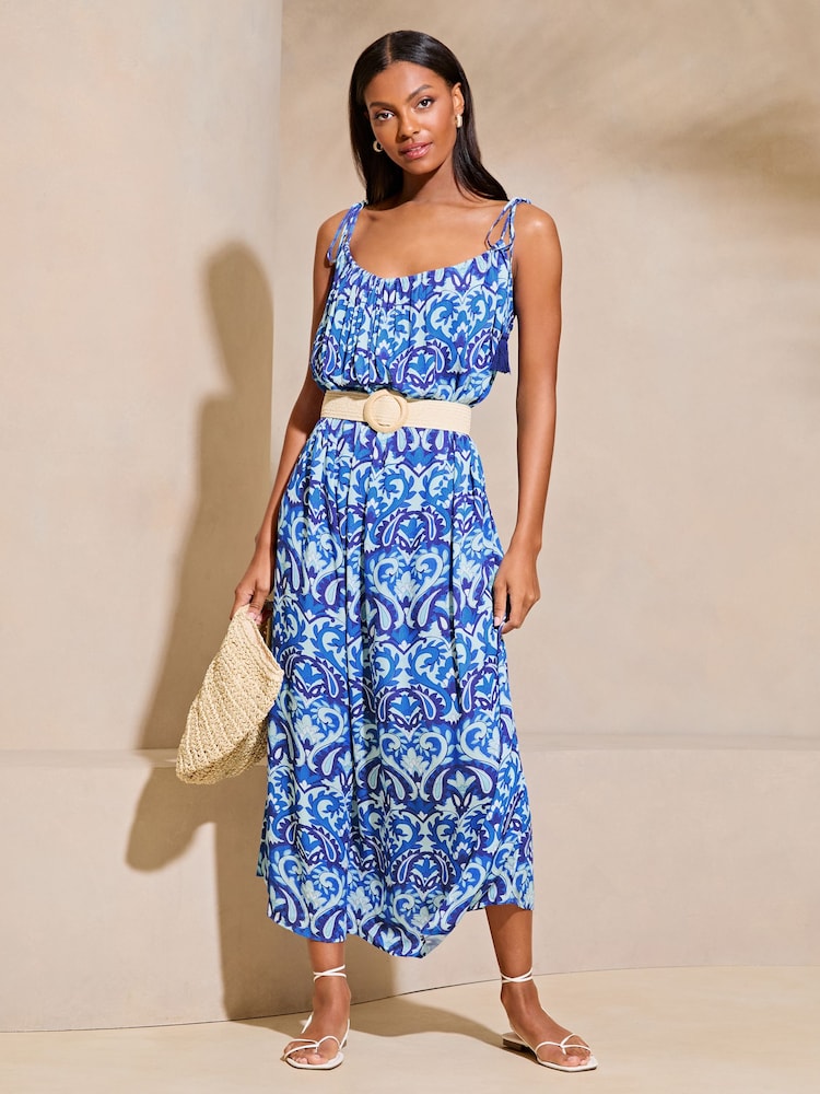 Lipsy Blue Petite Palm Crinkle Holiday Maxi Dress - Image 1 of 4