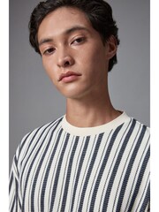 Navy Blue Texture 100% Cotton Vertical Stripe T-Shirt - Image 1 of 7