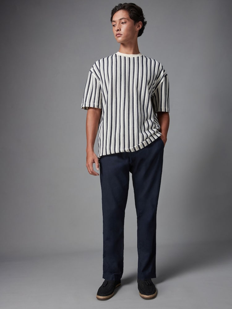 Navy Blue Texture 100% Cotton Vertical Stripe T-Shirt - Image 2 of 7