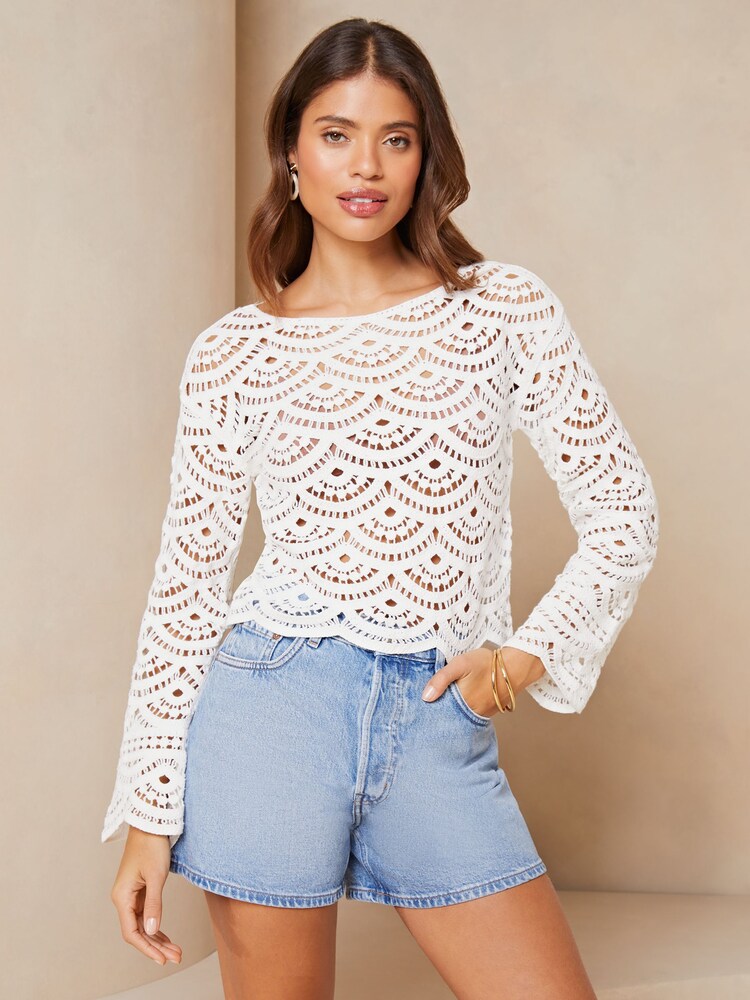 Lipsy Ivory White Sheer Long Sleeve Crochet Top - Image 1 of 4