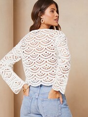 Lipsy Ivory White Sheer Long Sleeve Crochet Top - Image 2 of 4