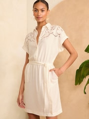 Love & Roses White 3/4 Sleeve Cutwork Mini Shirt Dress - Image 1 of 4
