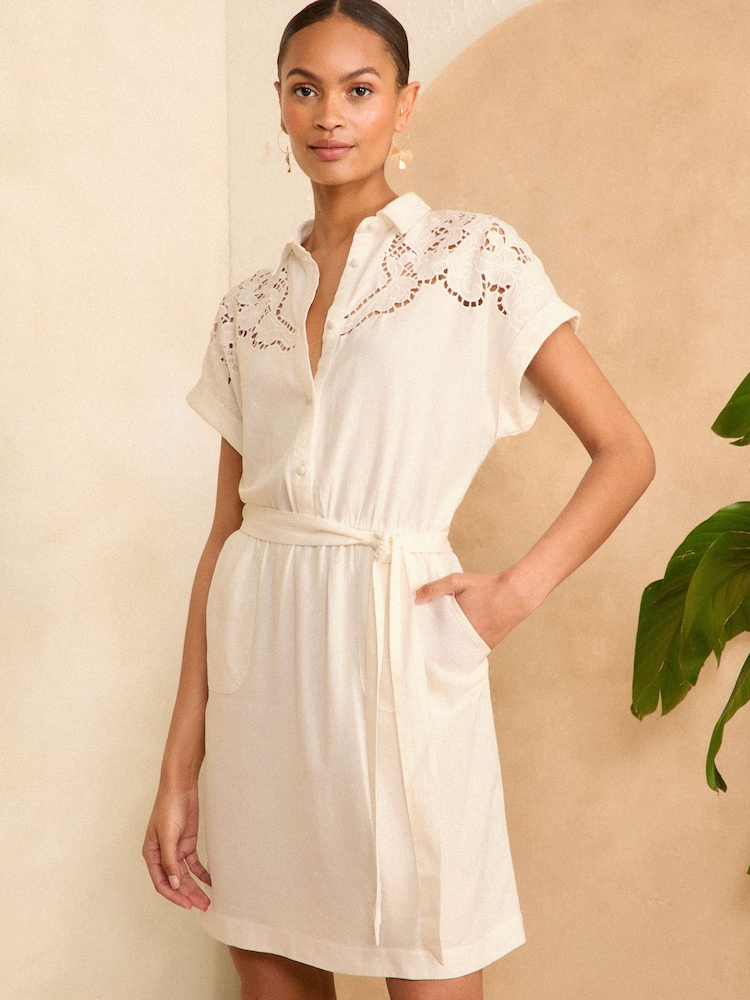 Love & Roses White 3/4 Sleeve Cutwork Mini Shirt Dress - Image 1 of 4
