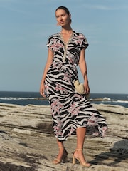 Love & Roses Black Zebra Sequin Trim Hanky Hem Short Sleeve Midi Dress - Image 1 of 4