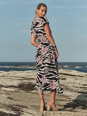 Love & Roses Black Zebra Sequin Trim Hanky Hem Short Sleeve Midi Dress - Image 3 of 4