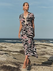 Love & Roses Black Zebra Sequin Trim Hanky Hem Short Sleeve Midi Dress - Image 4 of 4
