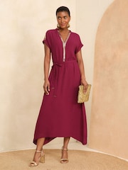 Love & Roses Burgundy Red Sequin Trim Hanky Hem Short Sleeve Midi Dress - Image 1 of 4