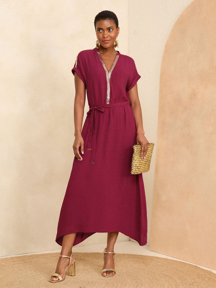 Love & Roses Burgundy Red Sequin Trim Hanky Hem Short Sleeve Midi Dress - Image 1 of 4