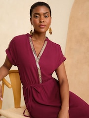 Love & Roses Burgundy Red Sequin Trim Hanky Hem Short Sleeve Midi Dress - Image 2 of 4