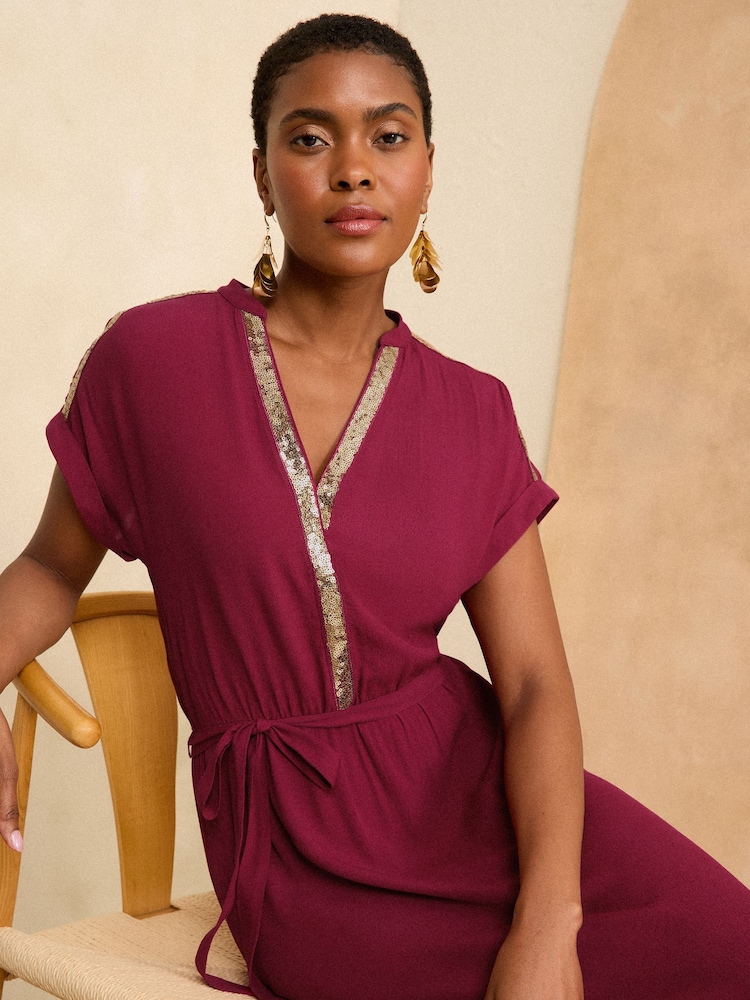Love & Roses Burgundy Red Sequin Trim Hanky Hem Short Sleeve Midi Dress - Image 2 of 4