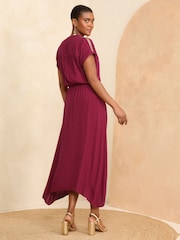 Love & Roses Burgundy Red Sequin Trim Hanky Hem Short Sleeve Midi Dress - Image 3 of 4