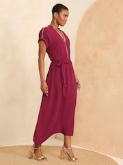 Love & Roses Burgundy Red Sequin Trim Hanky Hem Short Sleeve Midi Dress - Image 4 of 4