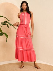 Love & Roses Coral Pink Ric Rac Halterneck Midi Dress - Image 1 of 4