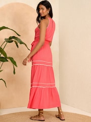 Love & Roses Coral Pink Ric Rac Halterneck Midi Dress - Image 2 of 4