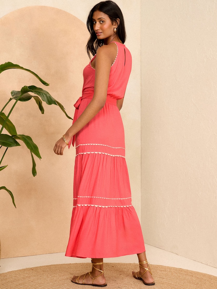 Love & Roses Coral Pink Ric Rac Halterneck Midi Dress - Image 2 of 4