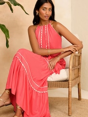 Love & Roses Coral Pink Ric Rac Halterneck Midi Dress - Image 4 of 4
