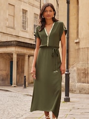 Love & Roses Khaki Green Petite Sequin Trim Hanky Hem Short Sleeve Midi Dress - Image 1 of 4