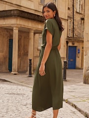 Love & Roses Khaki Green Petite Sequin Trim Hanky Hem Short Sleeve Midi Dress - Image 3 of 4