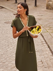 Love & Roses Khaki Green Petite Sequin Trim Hanky Hem Short Sleeve Midi Dress - Image 4 of 4