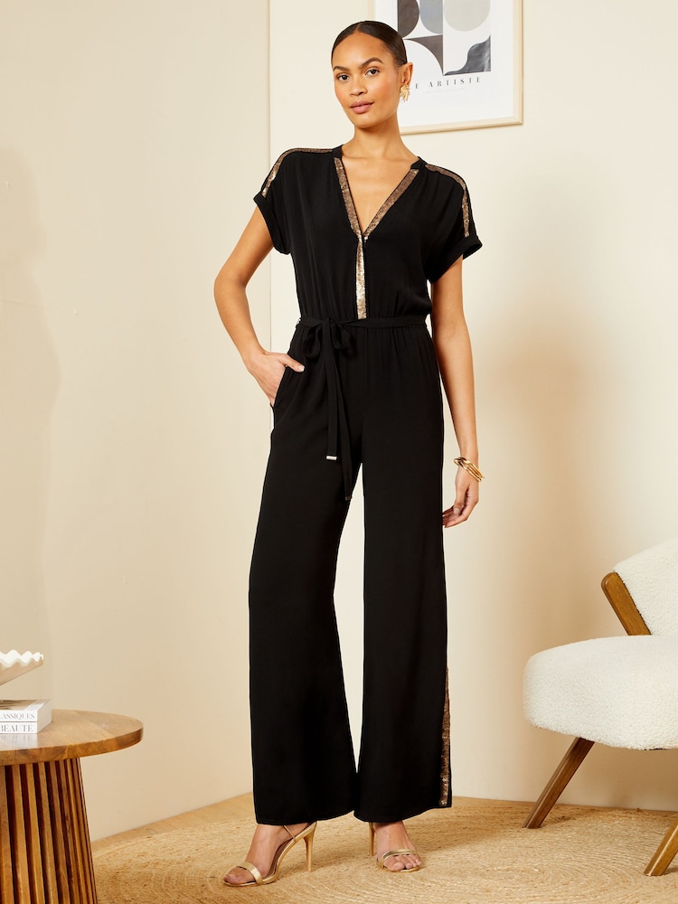 Love & Roses Black Petite Sequin Trim Roll Sleeve Wide Leg Jumpsuit - Image 1 of 4