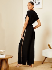 Love & Roses Black Petite Sequin Trim Roll Sleeve Wide Leg Jumpsuit - Image 2 of 4