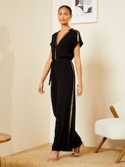 Love & Roses Black Petite Sequin Trim Roll Sleeve Wide Leg Jumpsuit - Image 3 of 4
