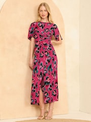 Love & Roses Pink Animal Ruched Flutter Sleeve Midi Dress - Image 1 of 3
