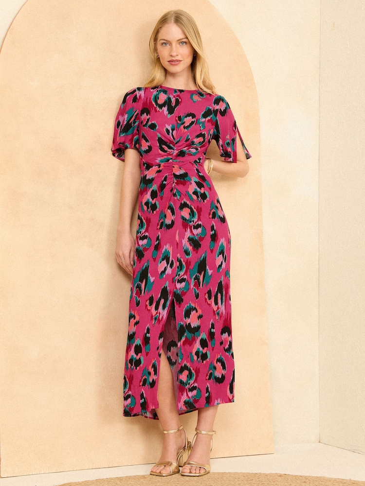 Love & Roses Pink Animal Ruched Flutter Sleeve Midi Dress - Image 1 of 3