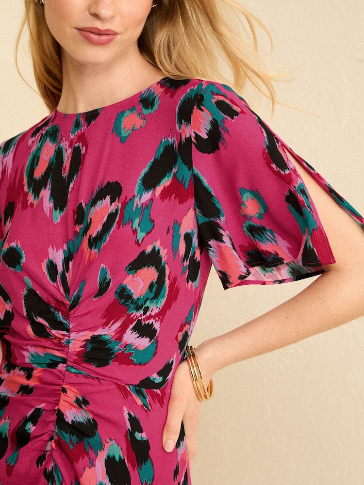 Love & Roses Pink Animal Ruched Flutter Sleeve Midi Dress - Image 2 of 3