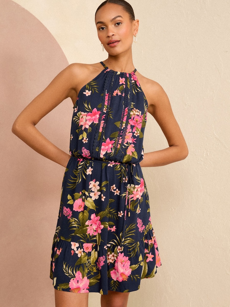 Tropic-Blau - Love & Roses Neckholder-Minikleid mit Verzierungsdetails - Bild 1 von 4