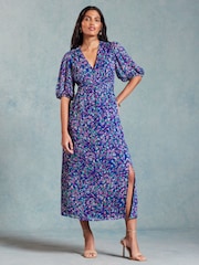Love & Roses – bedrucktes Midikleid mit Puffärmeln in Metallic-Optik - Bild 1 von 4