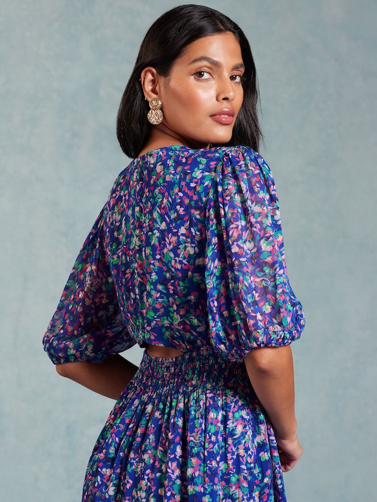 Love & Roses – bedrucktes Midikleid mit Puffärmeln in Metallic-Optik - Bild 4 von 4