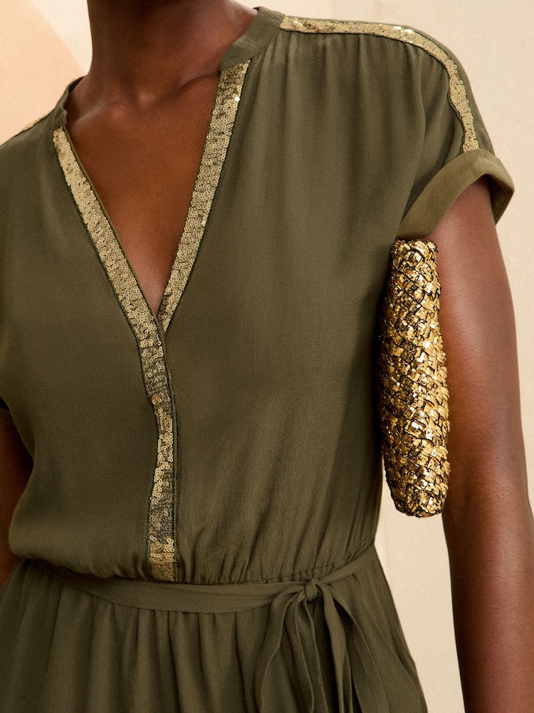Khakigrün - Love & Roses – Kurzärmliger Playsuit mit V-Ausschnitt und Paillettenbesatz - Bild 2 von 4