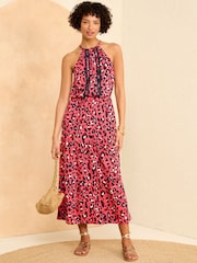 Love & Roses Pink Animal Trim Detail Halterneck Midi Dress - Image 1 of 4