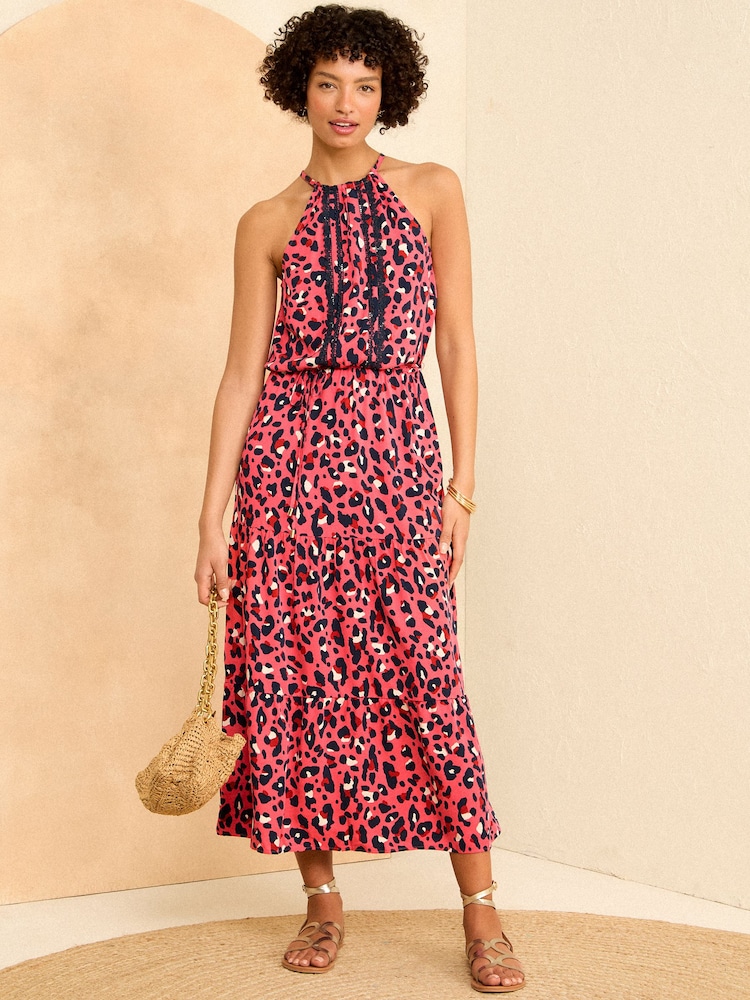 Love & Roses Pink Animal Trim Detail Halterneck Midi Dress - Image 1 of 4