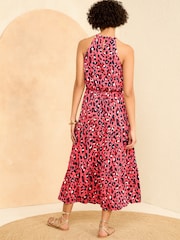 Love & Roses Pink Animal Trim Detail Halterneck Midi Dress - Image 3 of 4