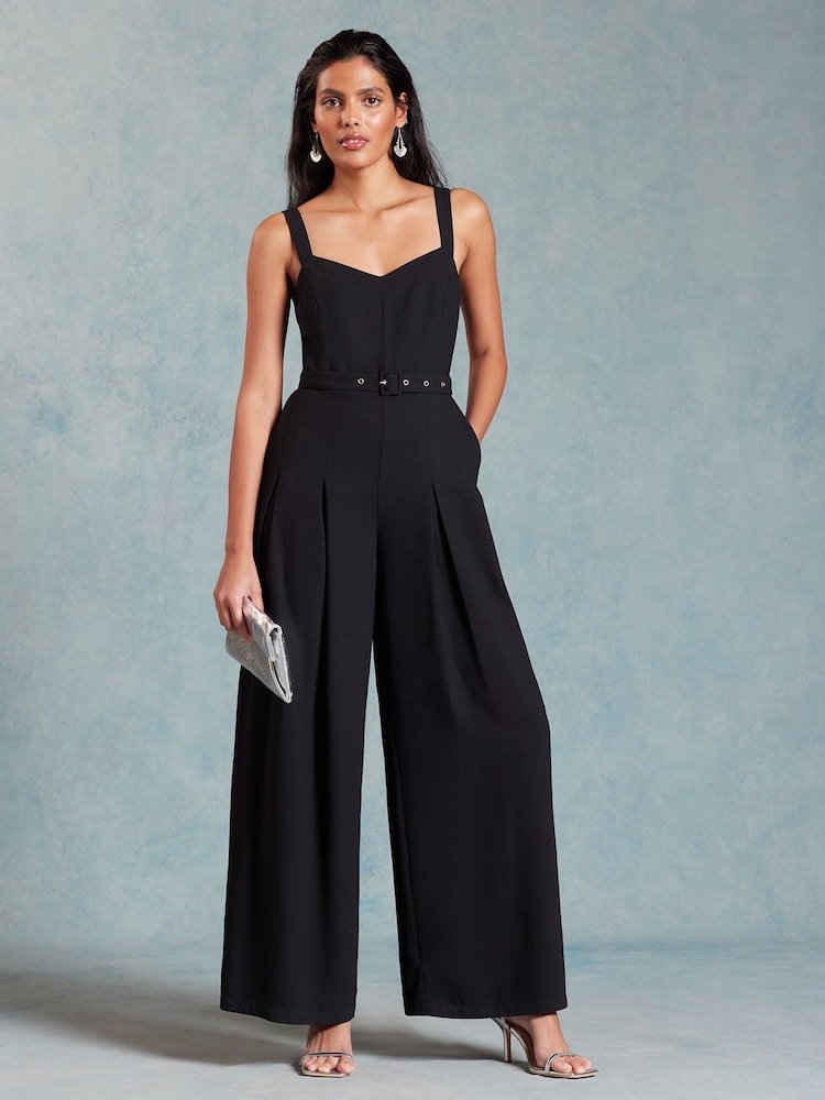 Love & Roses Black Wide Leg Cami Belted Jumpsuit - Image 1 of 4