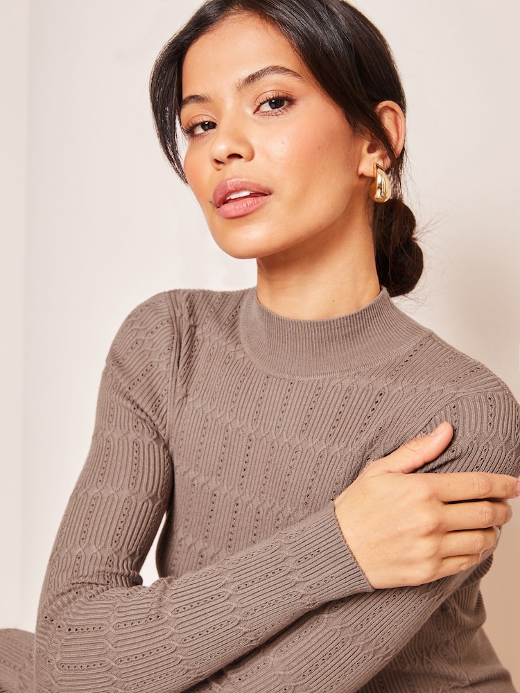 Lipsy Mushroom Beige Textured High Neck Long Sleeve Knitted Dress - Image 4 of 4 Lipsy Mushroom Beige Textured High Neck Long Sleeve Knitted Dress - Image 4 of 4