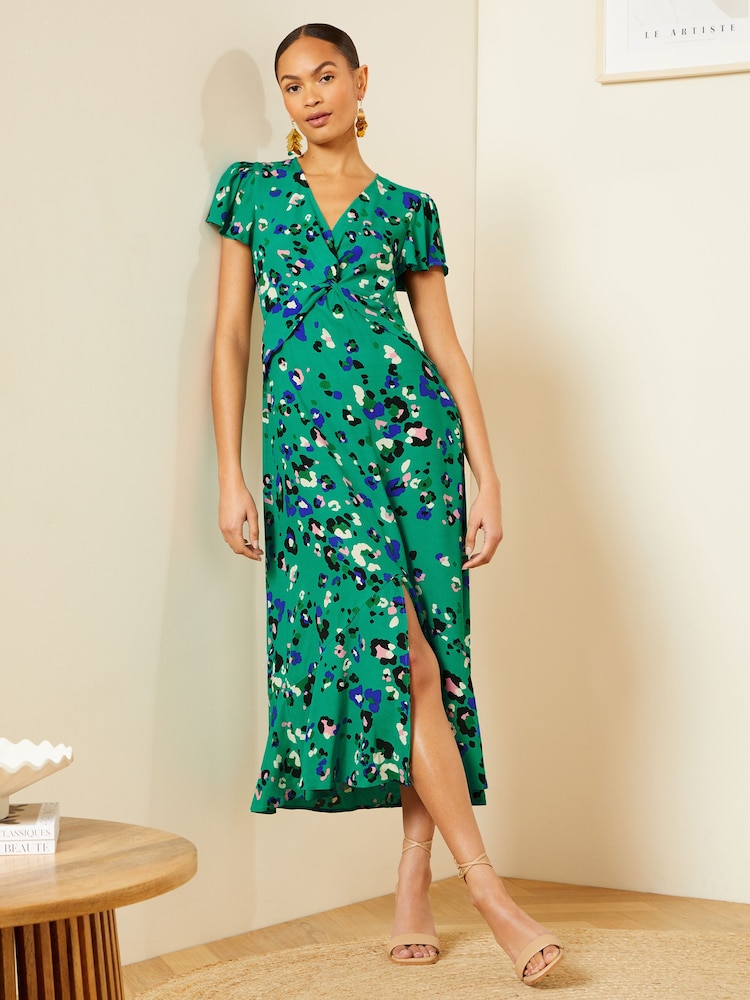 Love & Roses Green Animal Petite Twist Detail V Neck Front Split Midi Dress - Image 1 of 4 Love & Roses Green Animal Petite Twist Detail V Neck Front Split Midi Dress - Image 1 of 4