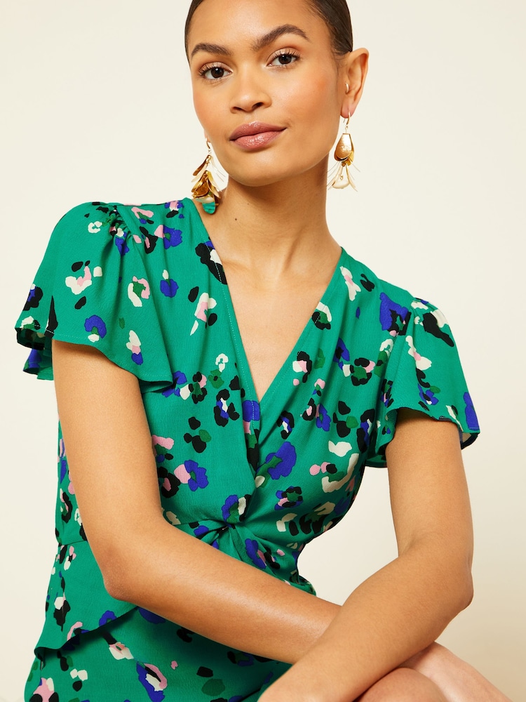 Love & Roses Green Animal Petite Twist Detail V Neck Front Split Midi Dress - Image 2 of 4 Love & Roses Green Animal Petite Twist Detail V Neck Front Split Midi Dress - Image 2 of 4
