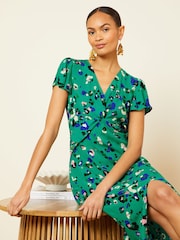 Love & Roses Green Animal Petite Twist Detail V Neck Front Split Midi Dress - Image 4 of 4